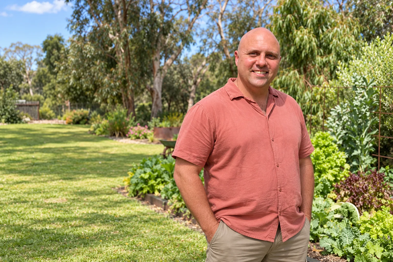 AI-assisted environmental portrait of Alex standing in a garden, based on his own photograph